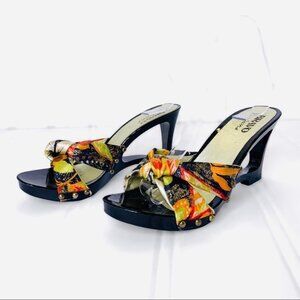 BROWNS BRAVO FLORAL WOODEN WEDGE SUMMER MULTICOLOURED GOLD STUDS SANDALS